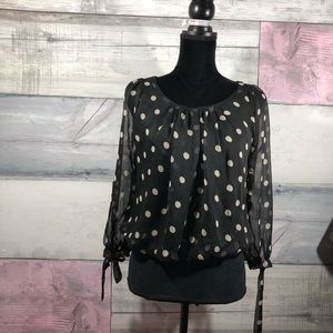 Black polka dot blouson long sleeve pleat front